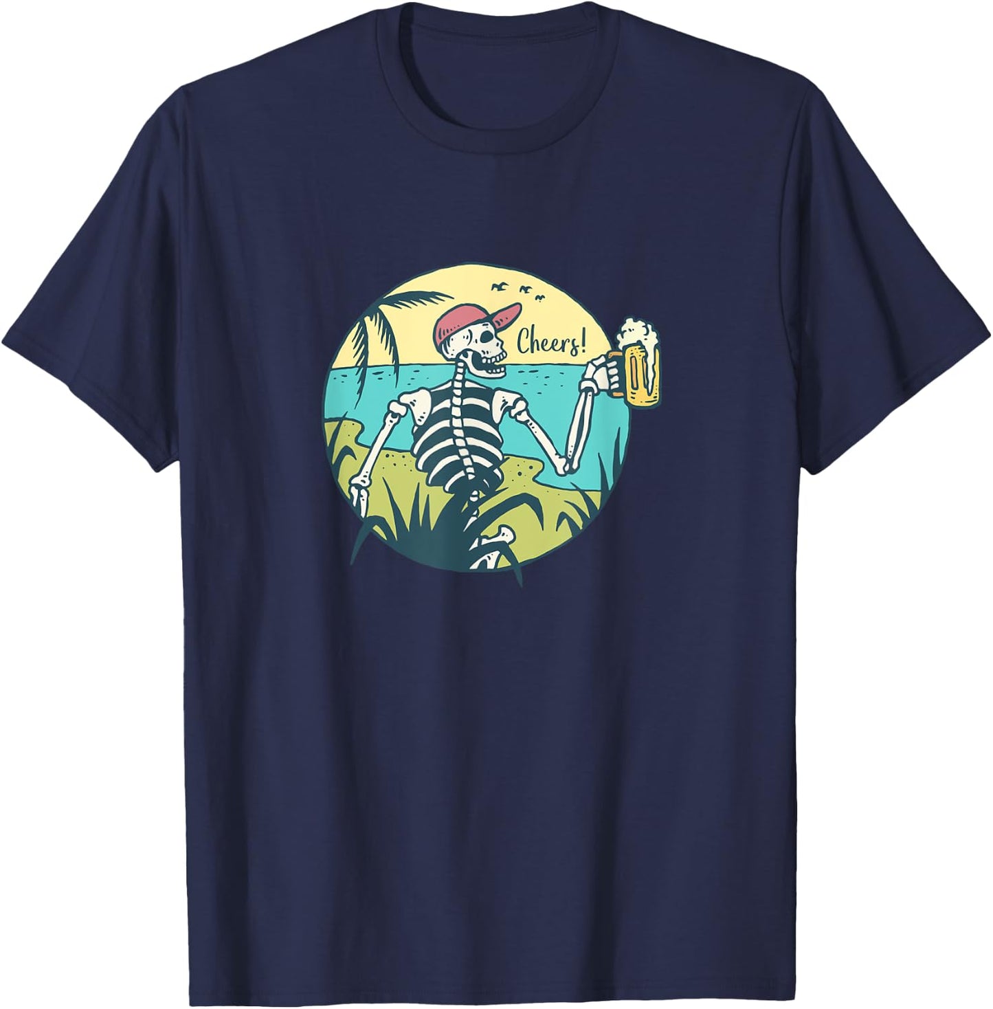 Skeleton On An Island Drinking Mug of Beer T-Shirt - T-Shirt | Navy