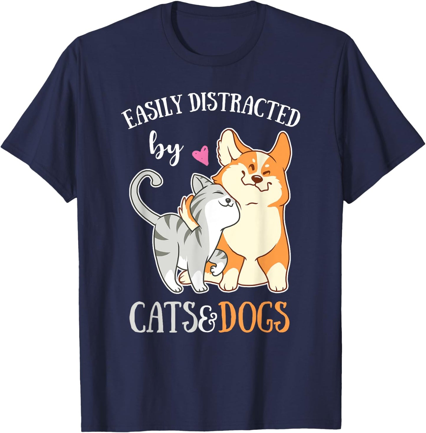 Easily Distracted By Cats And Dogs Corgi Kitten Kids T-Shirt - T-Shirt | Navy