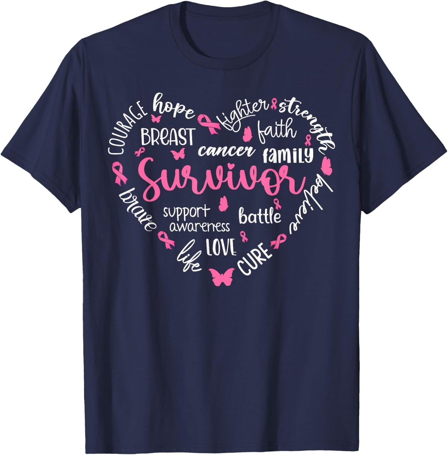 Pink Ribbon Heart Breast Cancer Awareness Survivor Warrior T-Shirt - T-Shirt | Navy