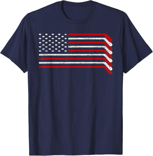 US Flag Hockey Stick Patriotic American Hockey Player Hockey T-Shirt - T-Shirt | Navy