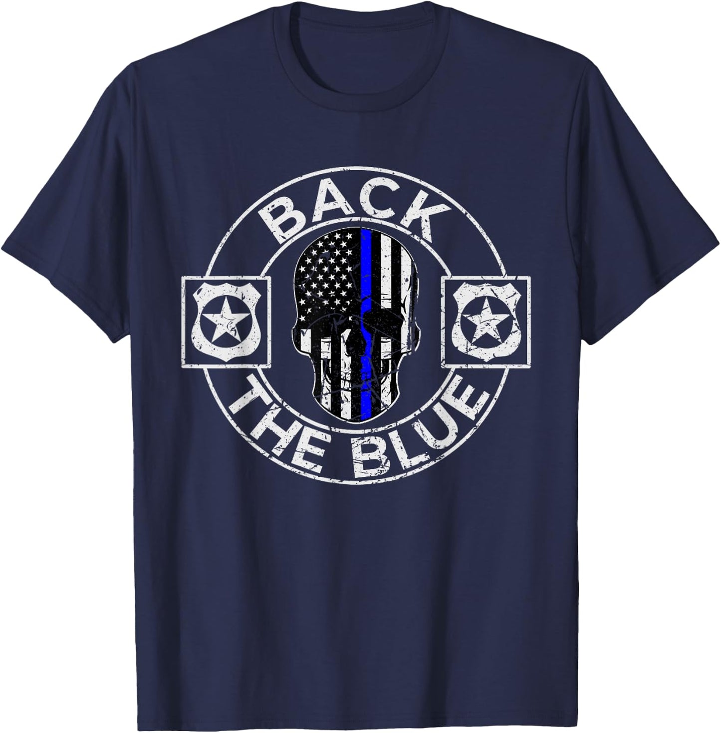 Back The Blue Thin Line Distressed American Flag Skull T-Shirt - T-Shirt | Navy