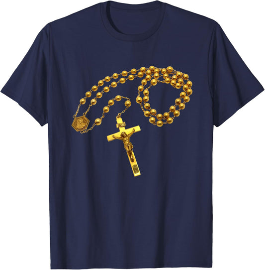 Holy Rosary Beads Catholic Religion Faith Mama Mary Devotion T-Shirt - T-Shirt | Navy