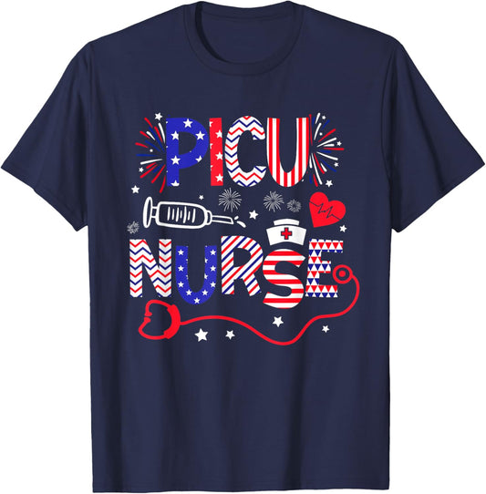 PICU Nurse 4th Of July Patriotic American Flag Stethoscope T-Shirt - T-Shirt | Navy