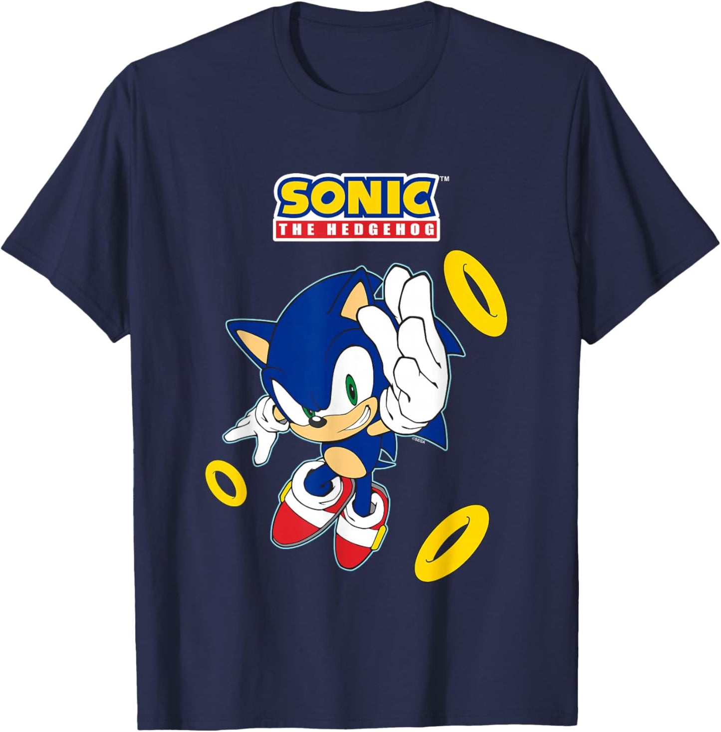 Sonic The Hedgehog In A Hurry Golden Rings Cool Shot T-Shirt - T-Shirt | Navy