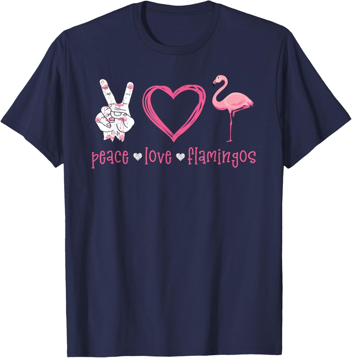 Peace Love Flamingo Hand Sign Heart Flamingo Lovers T-Shirt - T-Shirt | Navy