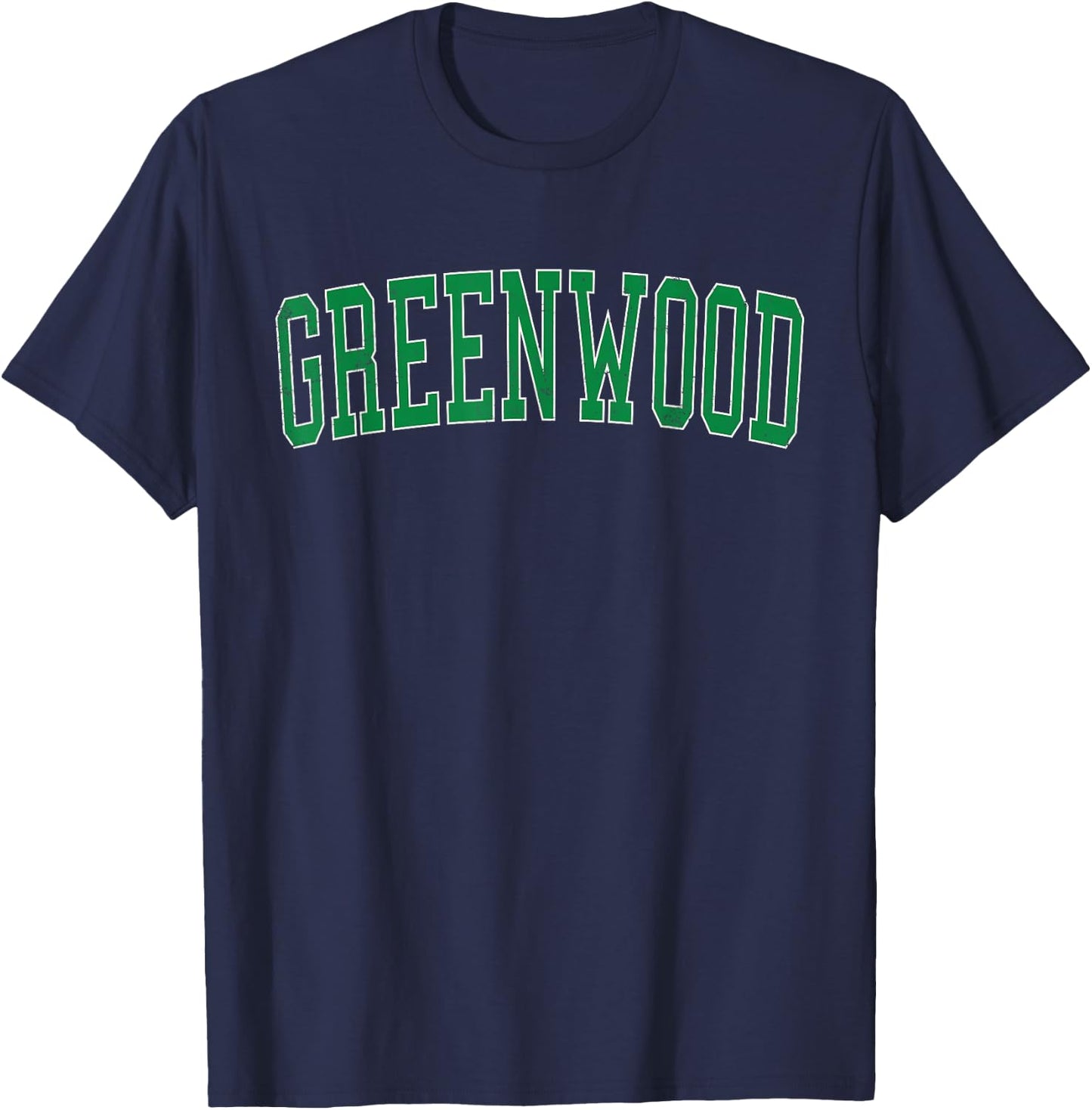 Vintage Greenwood IN Distressed Green Varsity Style T-Shirt - T-Shirt | Navy