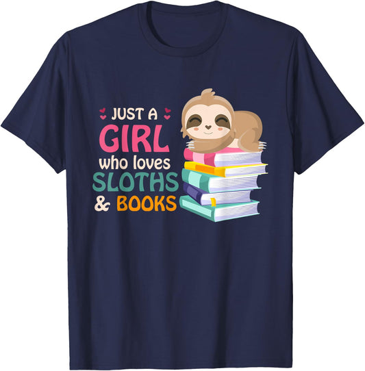 Just A Girl Who Loves Sloths And Books Sloth T-Shirt - T-Shirt | Navy