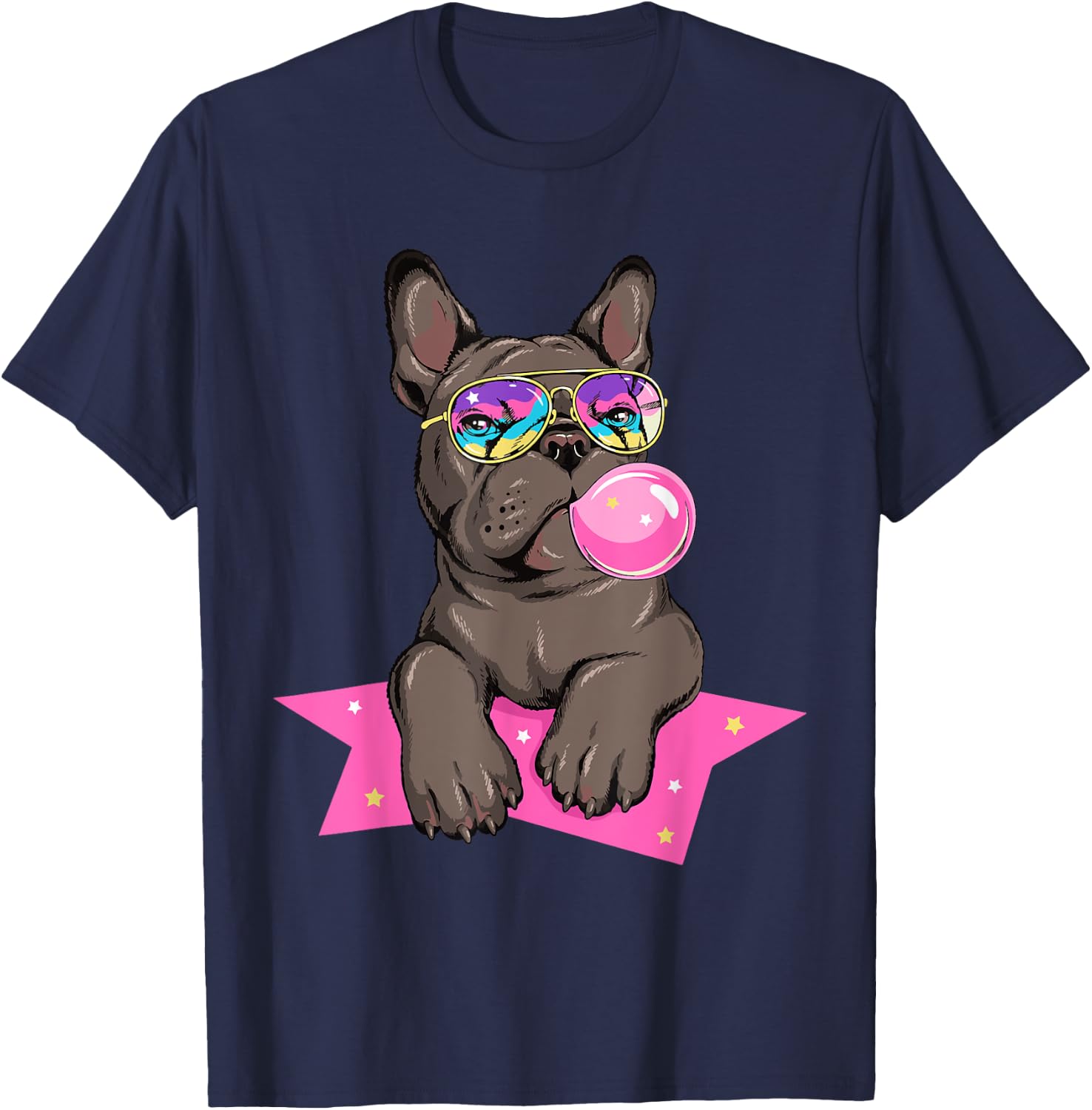 Funny French Bulldog Rockstar Bubblegum Frenchie Dog Lover Men Women Kids T-Shirt - T-Shirt | Navy