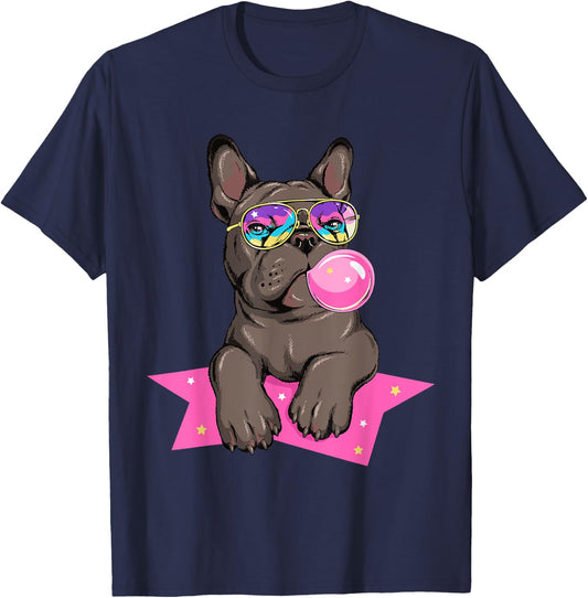 Funny French Bulldog Rockstar Bubblegum Frenchie Dog Lover Men Women Kids T-Shirt - T-Shirt | Navy