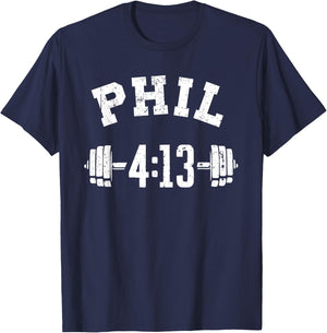 Phil 4 13 Workout, Philippians 4:13, Christian Weightlifter T-Shirt - T-Shirt | Navy