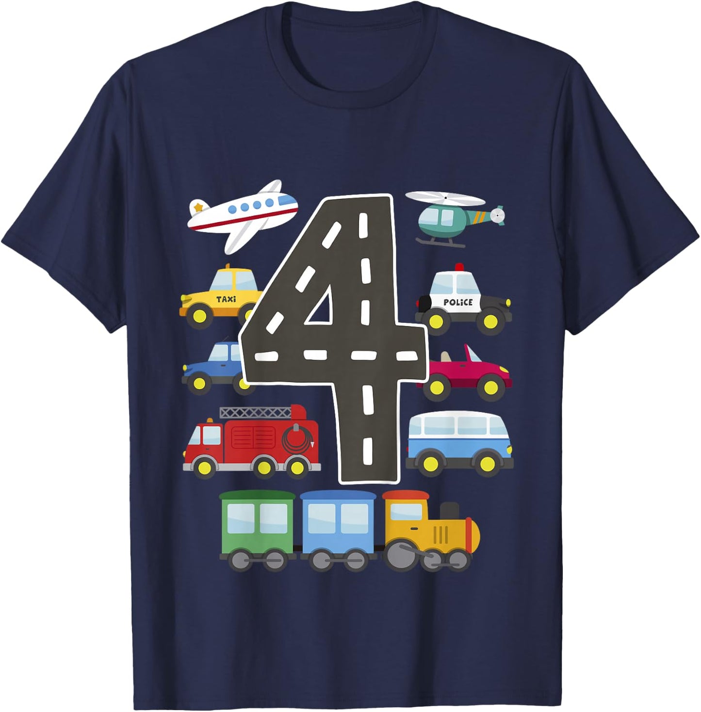4 Year Old Transportation Birthday Car Train Plane 4th Gift T-Shirt - T-Shirt | Navy