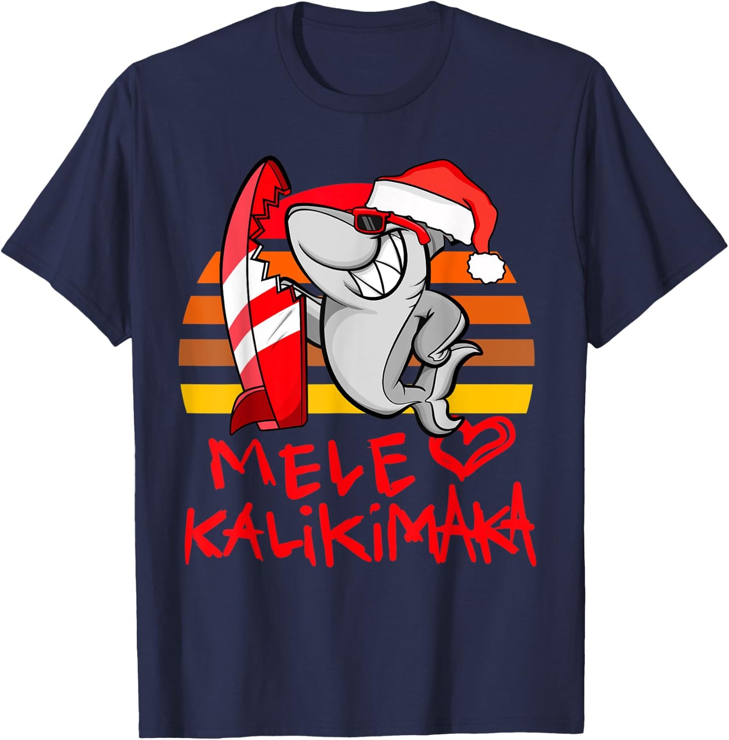 Mele Kalikimaka Christmas Shark Retro Sunset T-Shirt - T-Shirt | Navy
