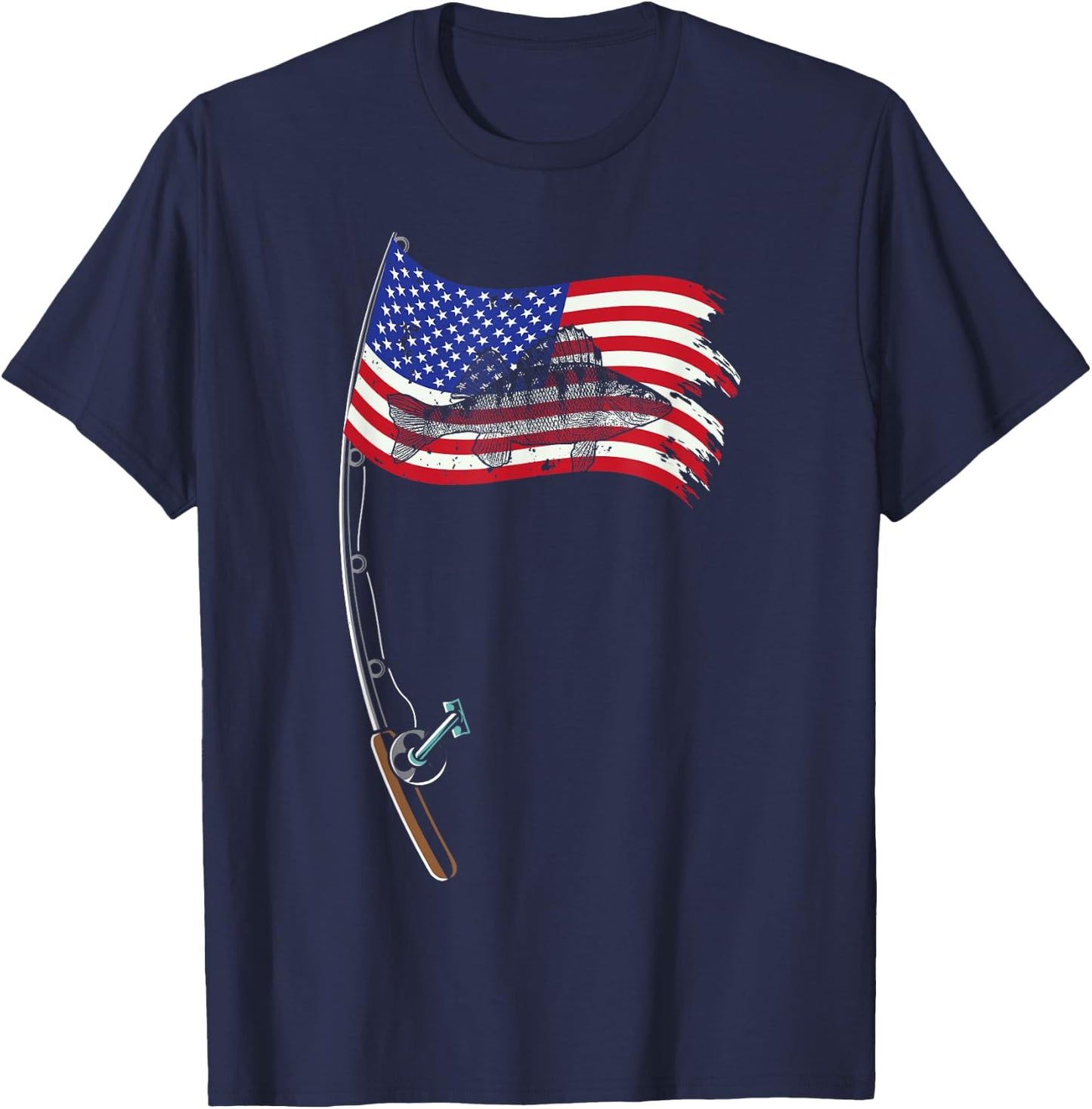 American Flag Fishing Gift Pole Walleye Fisherman Cool Fish T-Shirt - T-Shirt | Navy