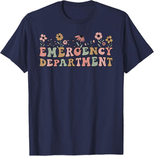 Emergency Department Room ER Nurse Retro Floral T-Shirt - T-Shirt | Navy