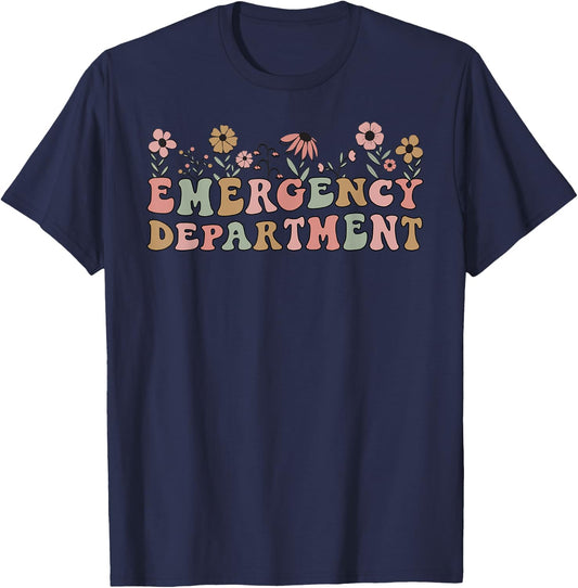 Emergency Department Room ER Nurse Retro Floral T-Shirt - T-Shirt | Navy