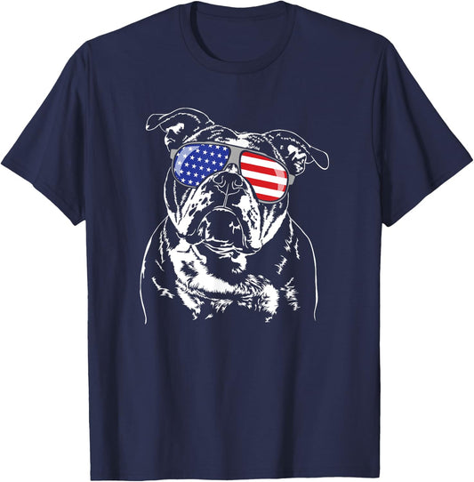 Funny Proud Old English Bulldog American Flag sunglasses T-Shirt - T-Shirt | Navy