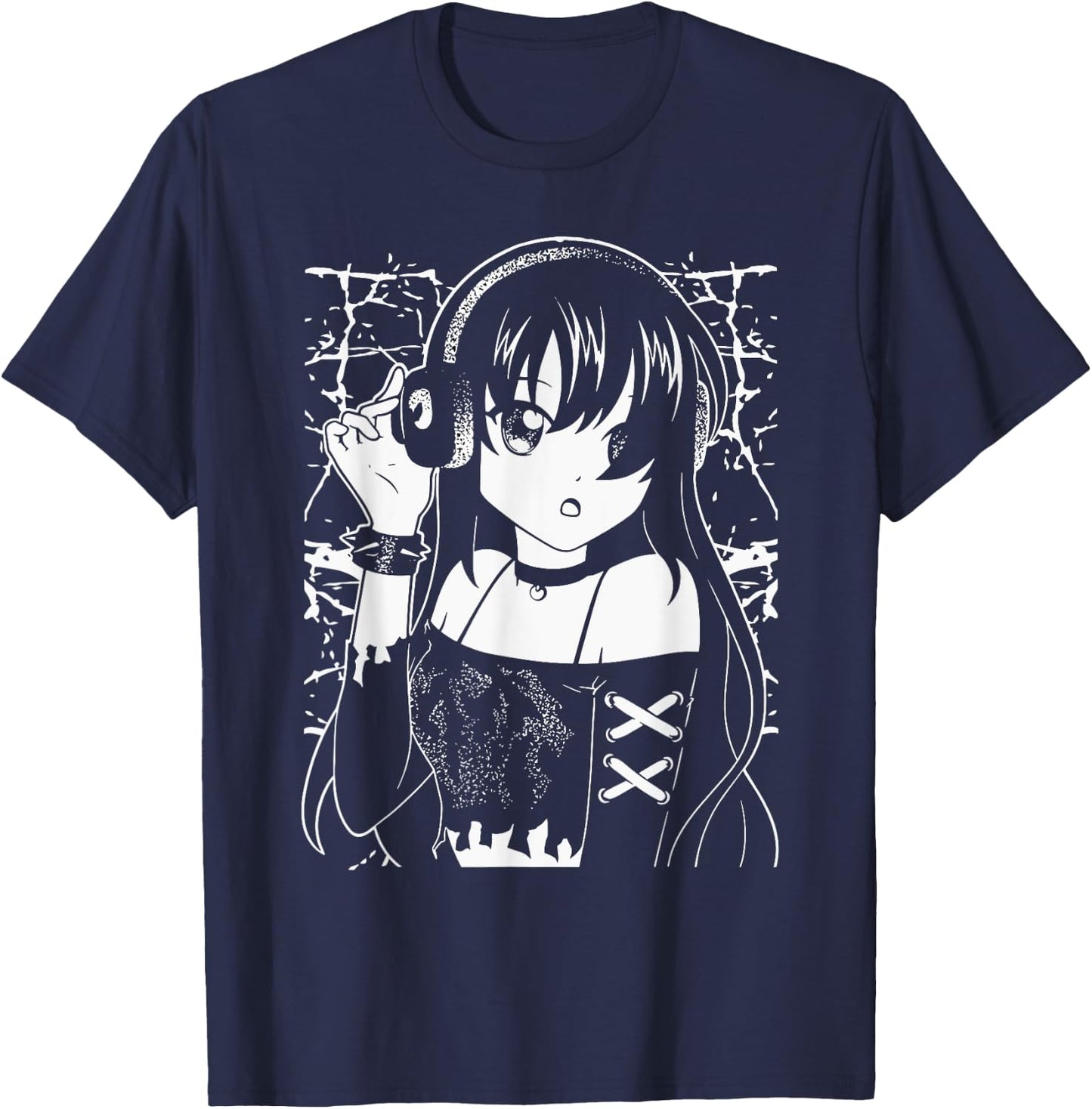 Anime Music Enthusiast Anime Girl with Headphones Gothic T-Shirt - T-Shirt | Navy