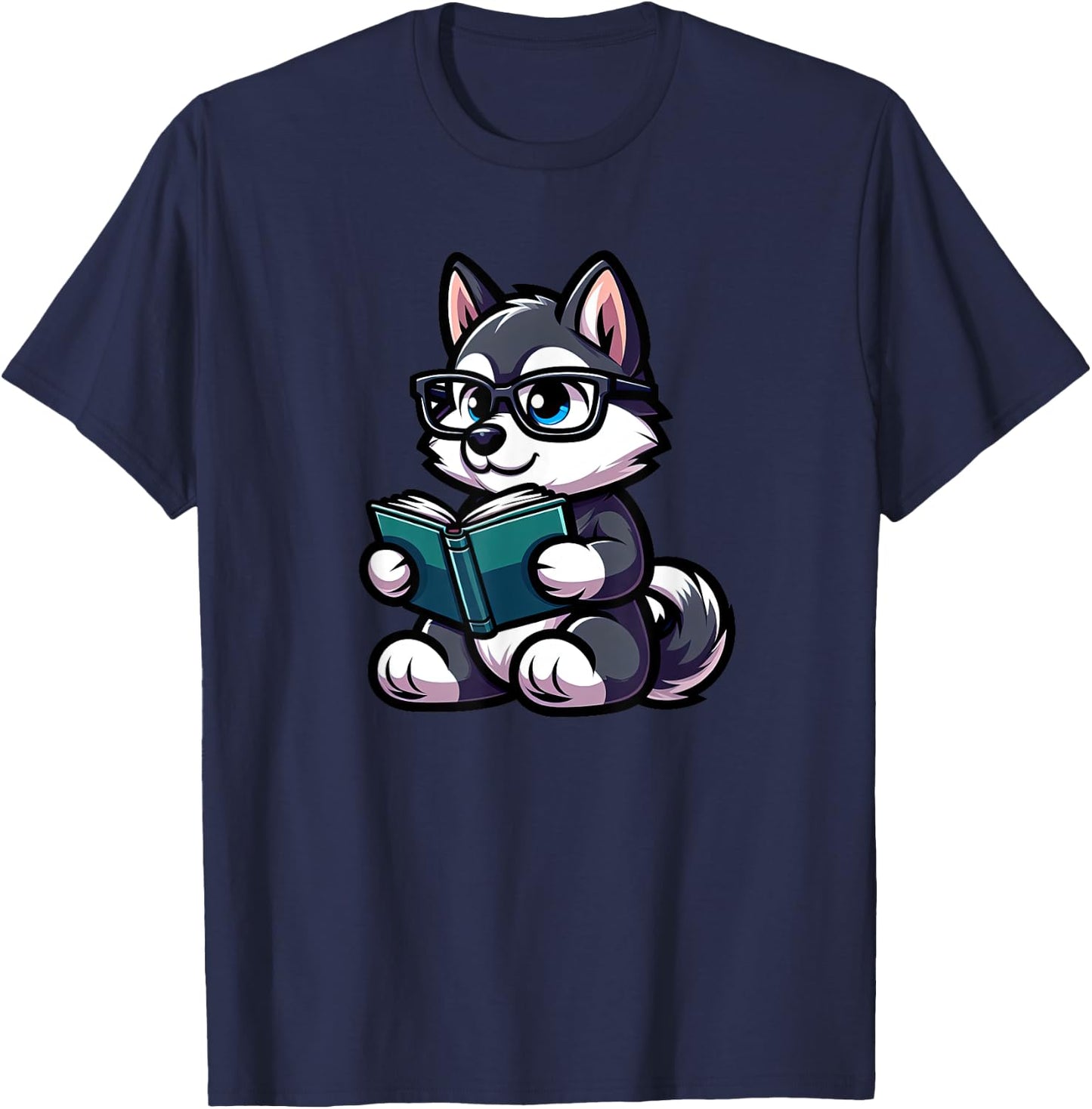 Husky Reading Funny Dog Book Lover T-Shirt - T-Shirt | Navy