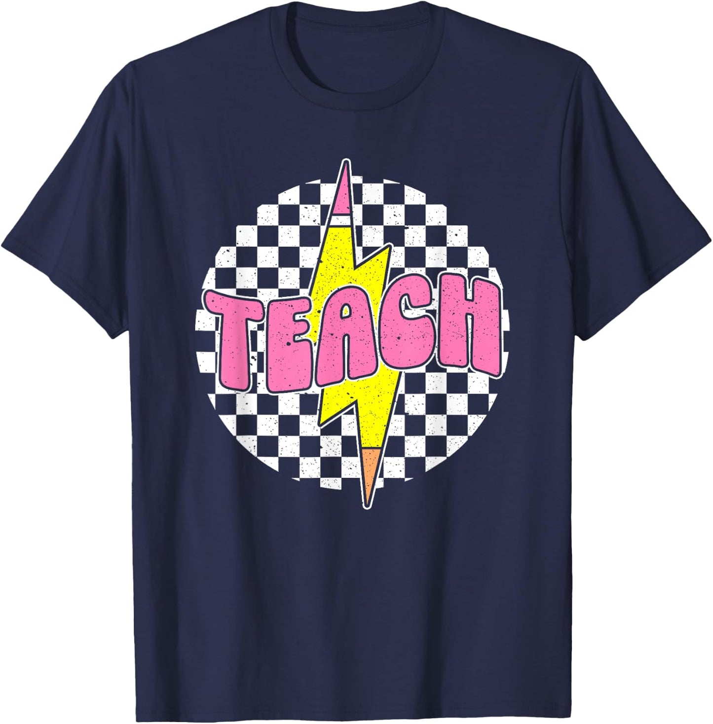 Checkered Teach Pencil Lightning Bolt Back To School T-Shirt - T-Shirt | Navy