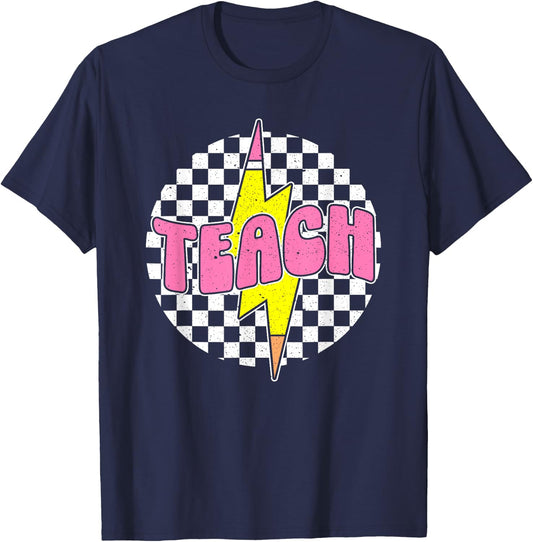 Checkered Teach Pencil Lightning Bolt Back To School T-Shirt - T-Shirt | Navy