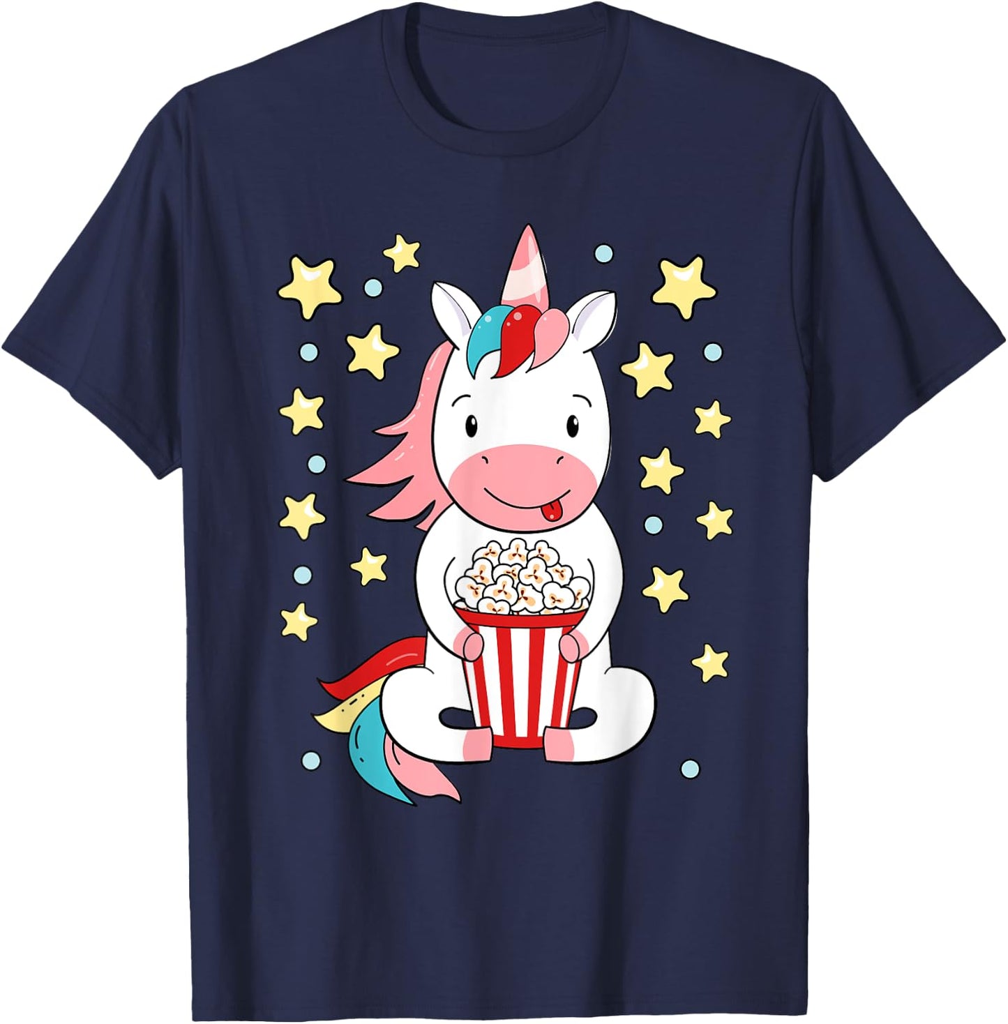Kawaii Unicorn Popcorn For Movie Enthusiasts, Movie Night T-Shirt - T-Shirt | Navy