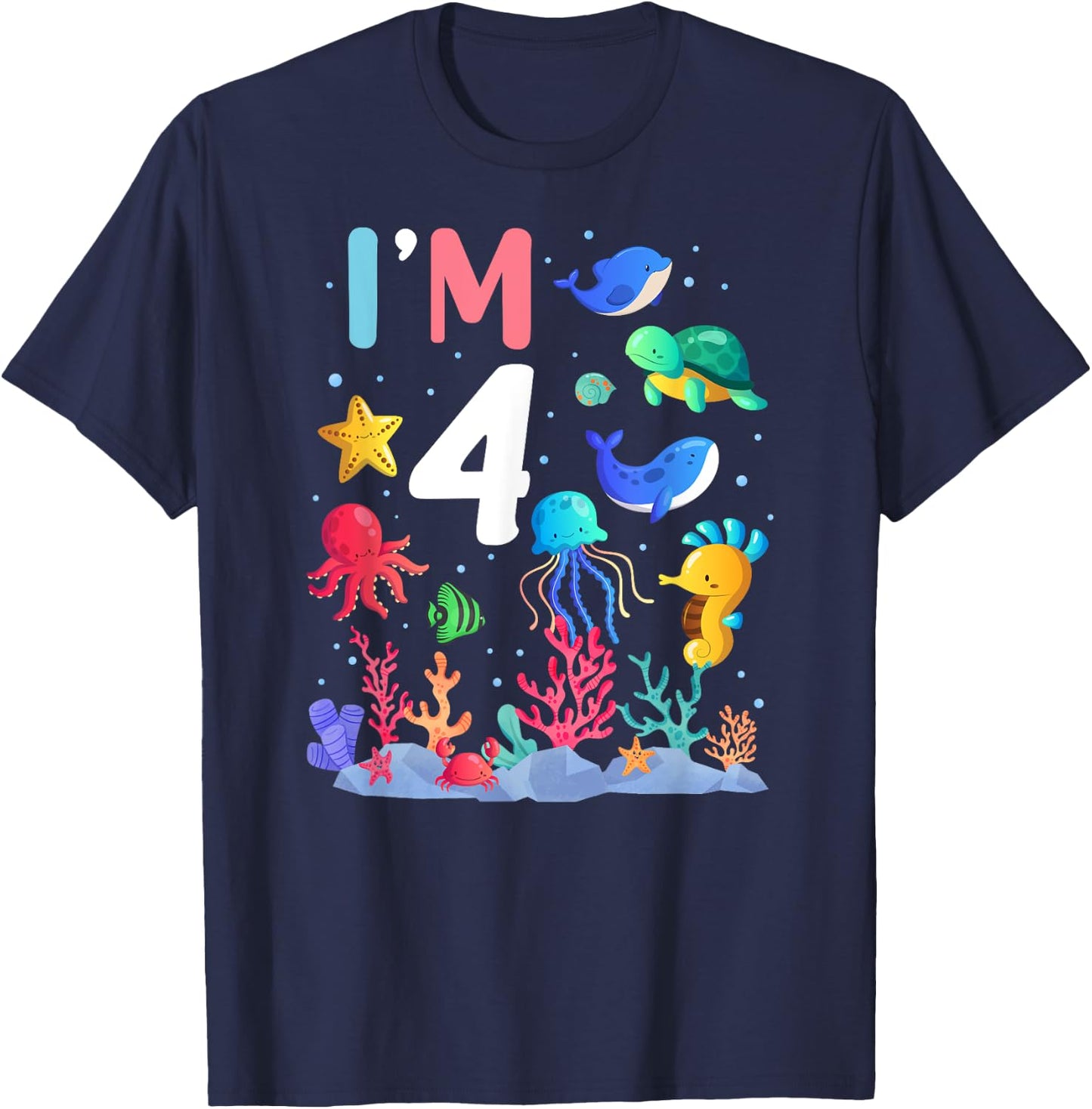 4th Birthday Party Turtle Jellyfish I'm 4 Years Old age Bday T-Shirt - T-Shirt | Navy