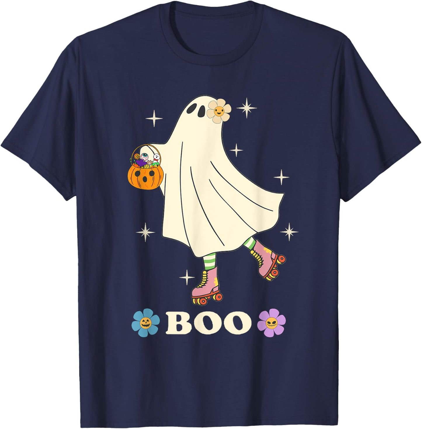 Boo Roller Skating Hippie Ghost Love Roller Skate Halloween T-Shirt - T-Shirt | Navy