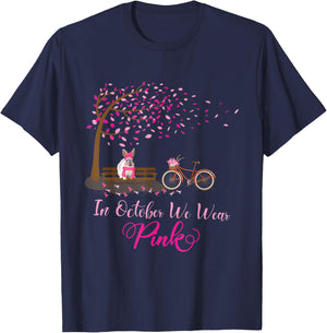 In October We Wear Pink Rabbit Fall Leaves Breast Cancer T-Shirt - T-Shirt | Navy
