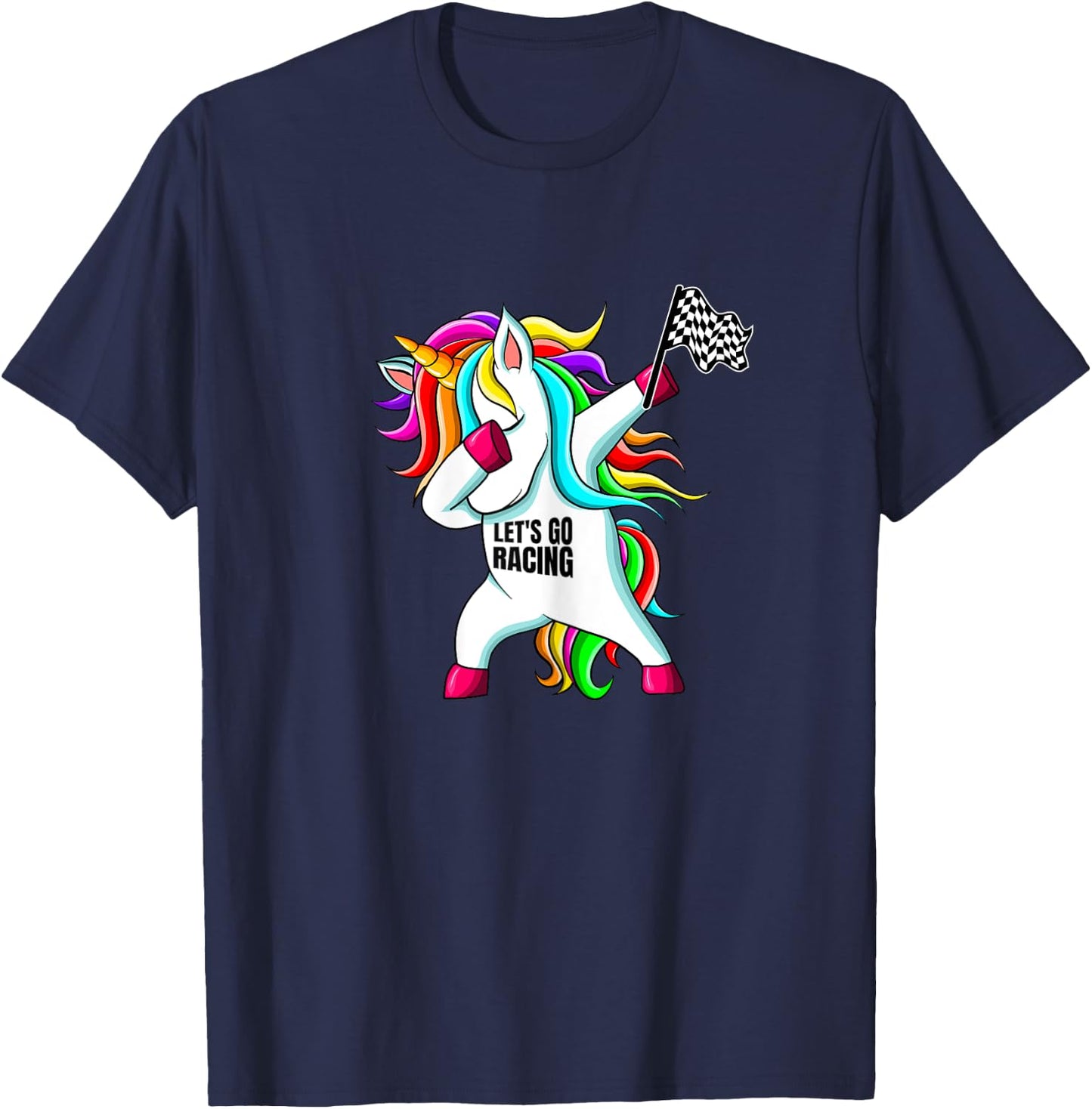 Race Car Racing Dabbing Unicorn Checkered Flag T-Shirt - T-Shirt | Navy