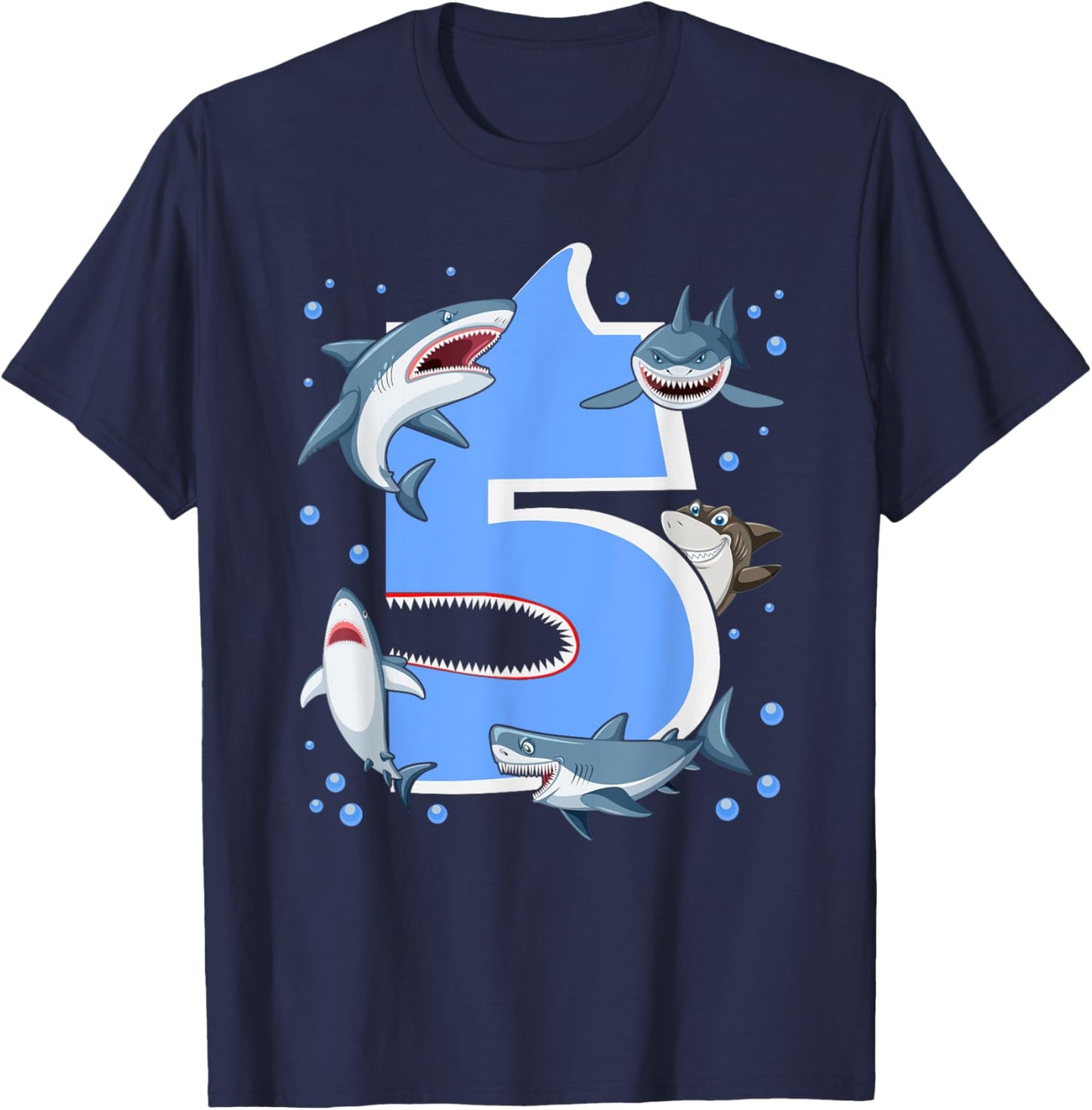 5th Birthday Boys Shark 5 years Old Shark B-day T-Shirt - T-Shirt | Navy