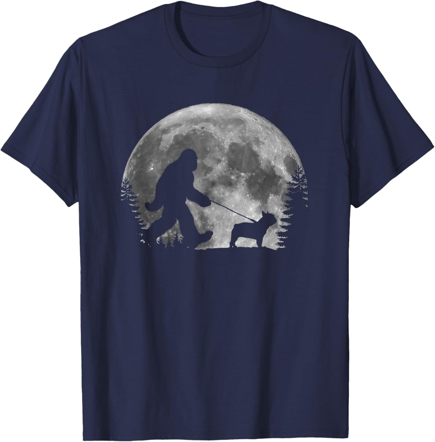 Bigfoot Walking a Dog Funny Frenchie Lovers Moon Halloween T-Shirt - T-Shirt | Navy
