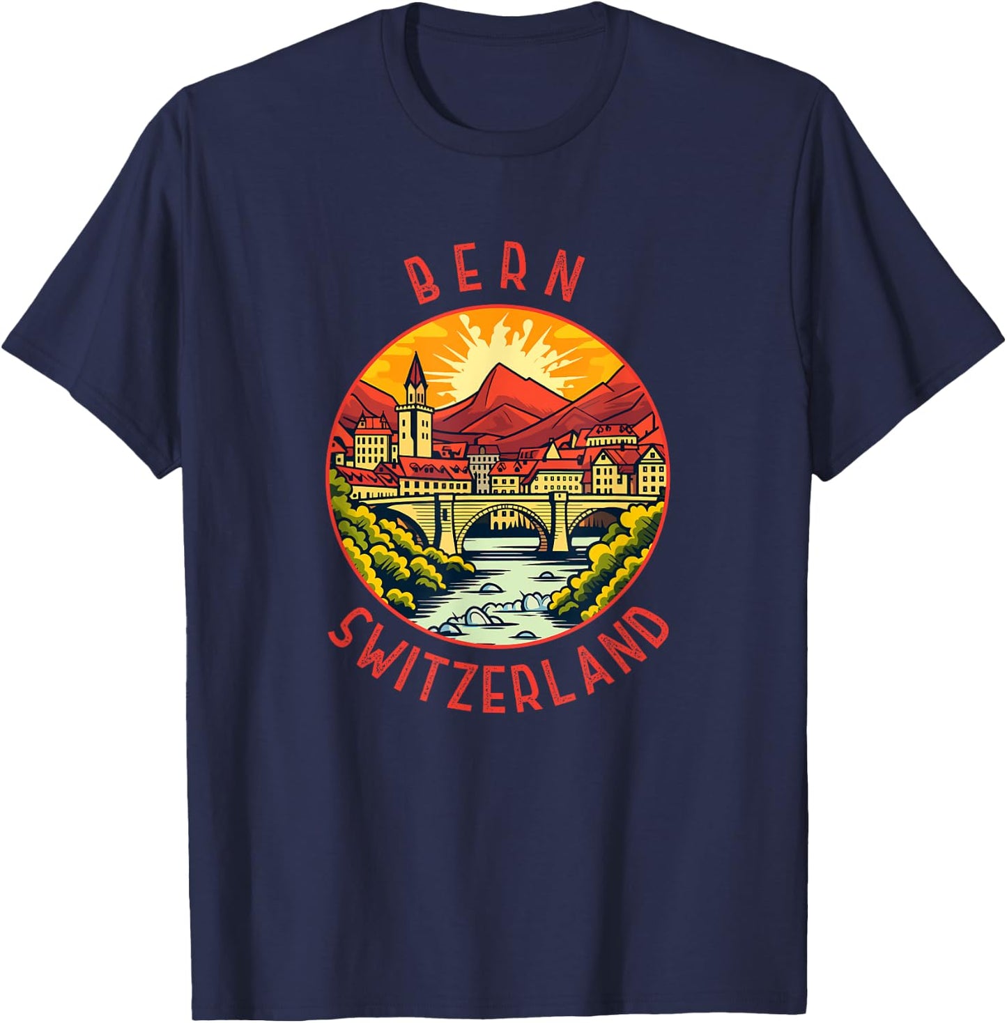 Bern Switzerland Retro Distressed Circle T-Shirt - T-Shirt | Navy