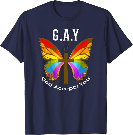 God Accepts You Gay Christian Pride Flag Rainbow Butterfly T-Shirt - T-Shirt | Navy
