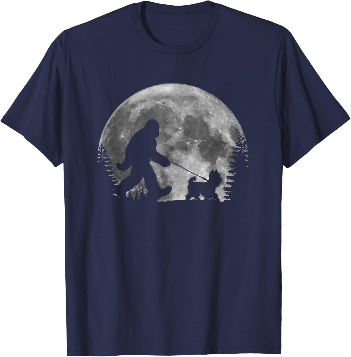Bigfoot Walking a Dog Funny Yorkie Lovers Moon Halloween Women Kids T-Shirt - T-Shirt | Navy