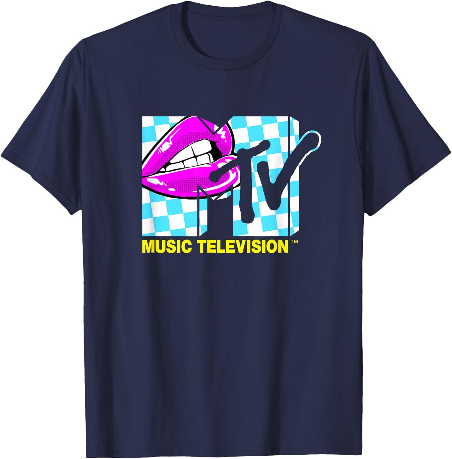 Mademark x MTV - Retro 1980s Pink Lips Checkered Kiss T-Shirt - T-Shirt | Navy