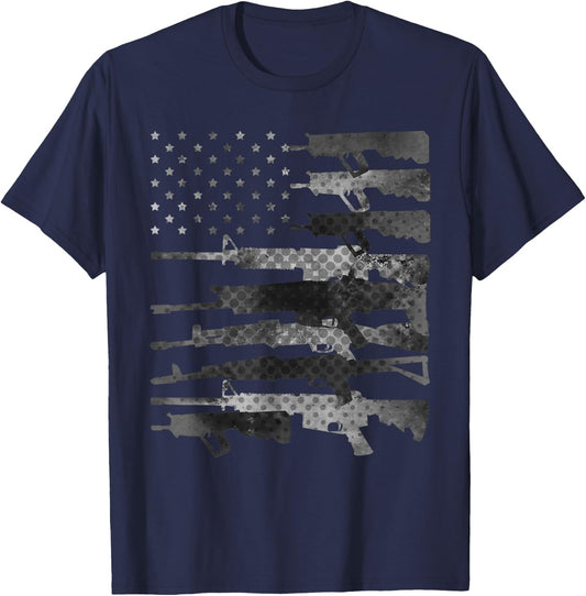 Grey American Flag Guns Vintage Patriotic US Pro-Gun Men T-Shirt - T-Shirt | Navy