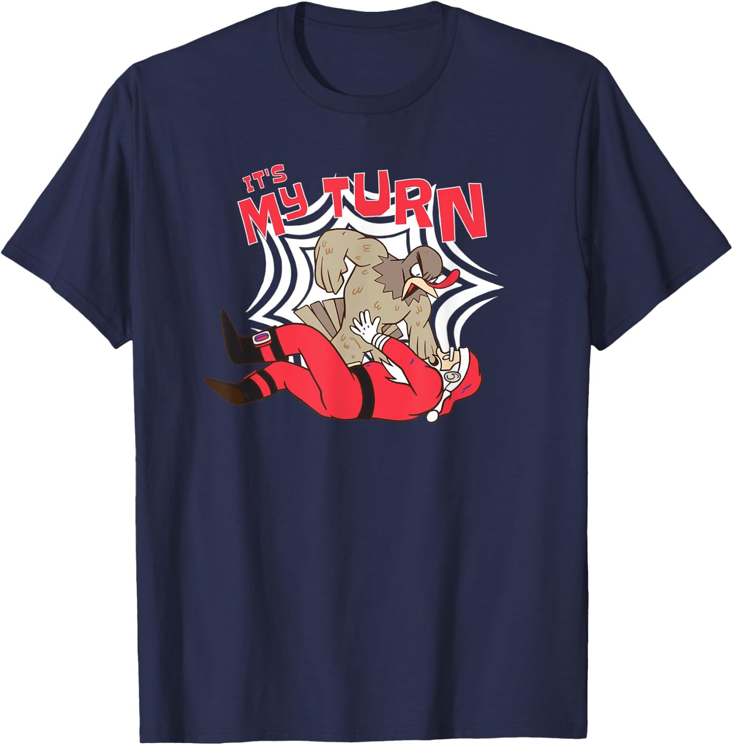 Thanksgiving Turkey Cartoon Beating Up Santa Claus - Funny T-Shirt - T-Shirt | Navy