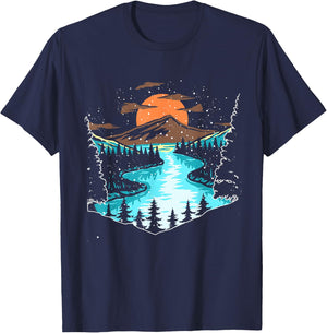 Wildlife Mountain River Outdoor Nature Full Moon Tree Forest T-Shirt - T-Shirt | Navy