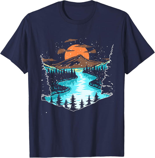 Wildlife Mountain River Outdoor Nature Full Moon Tree Forest T-Shirt - T-Shirt | Navy