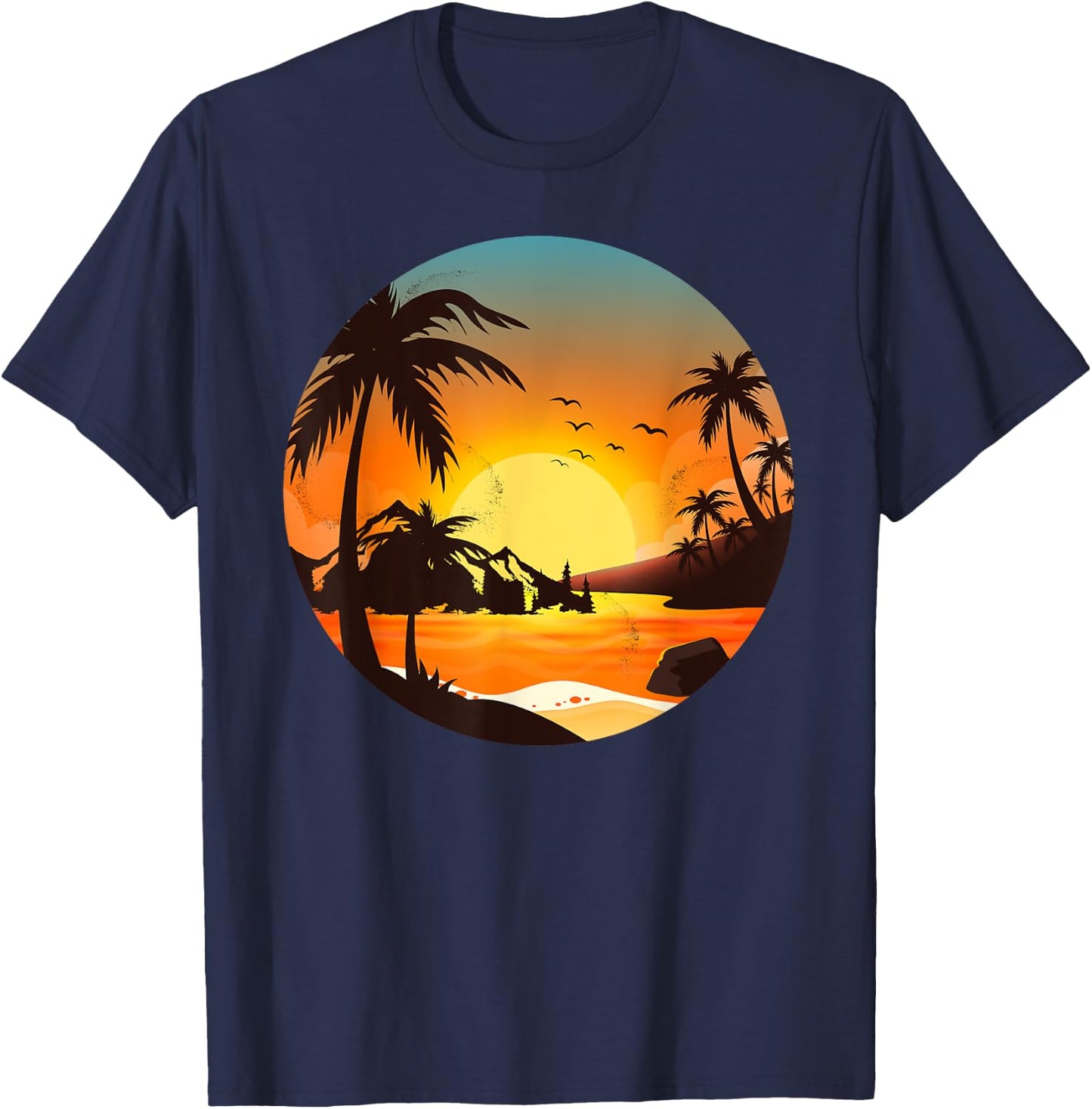 Tropical Sunset Mountains Beach Vacation Palm Trees Forest Women Girls Kids T-Shirt - T-Shirt | Navy