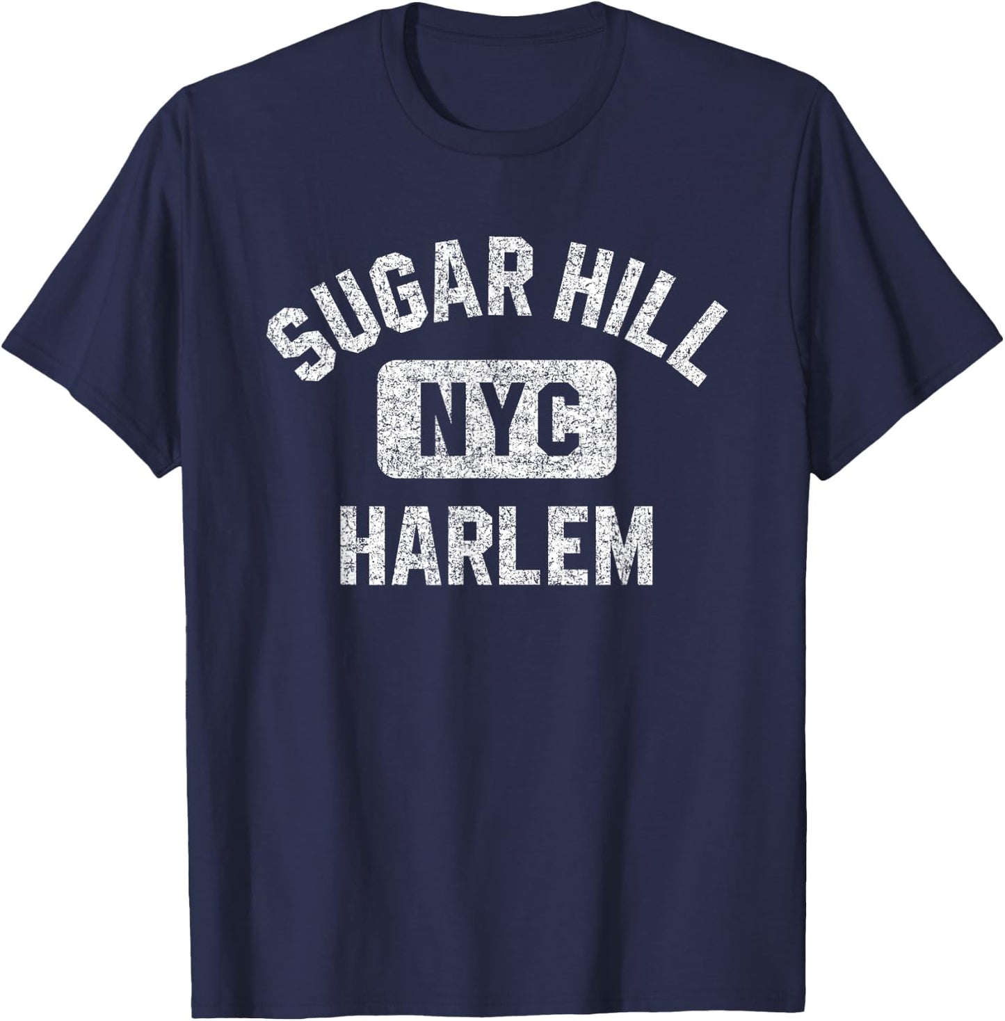 Sugar Hill Harlem NYC Gym Style Distressed White Print T-Shirt - T-Shirt | Navy