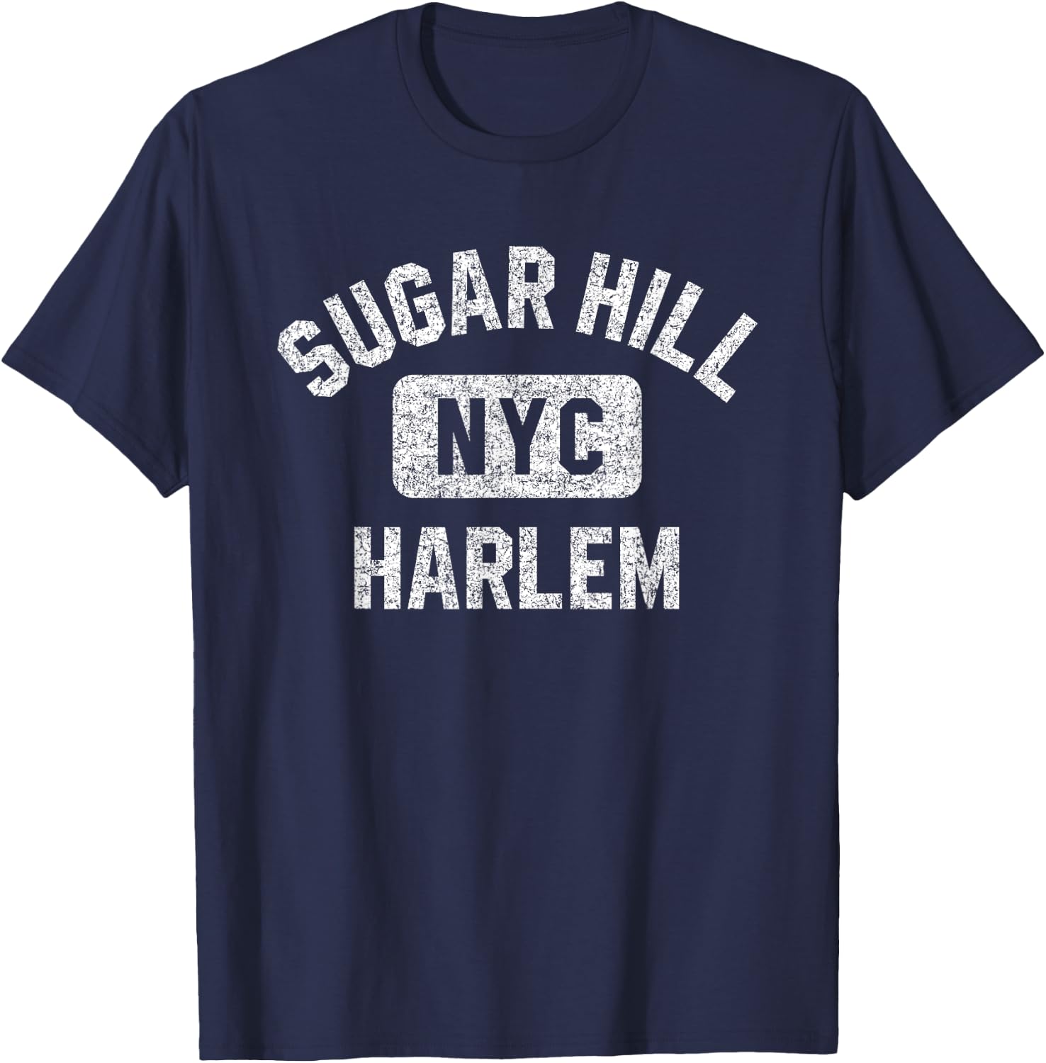 Sugar Hill Harlem NYC Gym Style Distressed White Print T-Shirt - T-Shirt | Navy