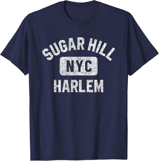Sugar Hill Harlem NYC Gym Style Distressed White Print T-Shirt - T-Shirt | Navy