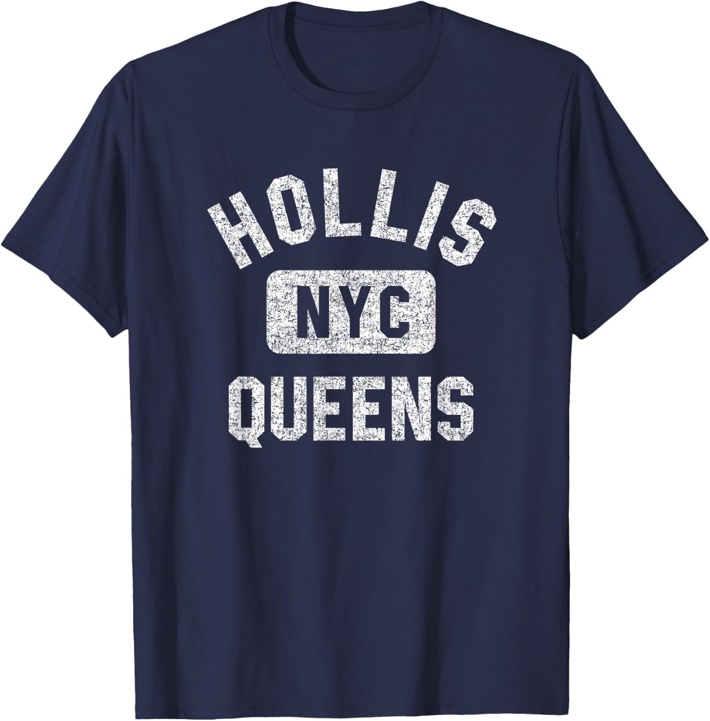 Hollis Queens NYC Gym Style Distressed White Print T-Shirt - T-Shirt | Navy
