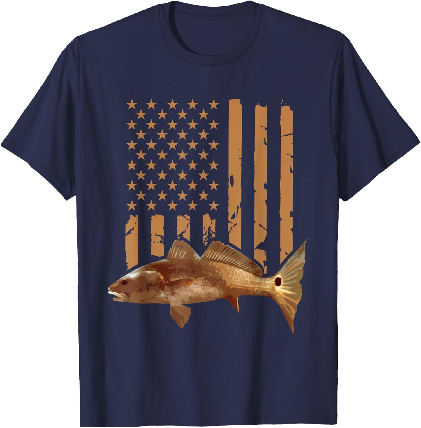 Redfish Fishing Red Drum Tailing USA American Flag Fisherman T-Shirt - T-Shirt | Navy