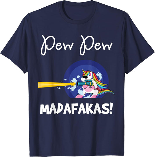 PEW Madafakas Funny fantasy Unicorn With Gun White T-Shirt - T-Shirt | Navy