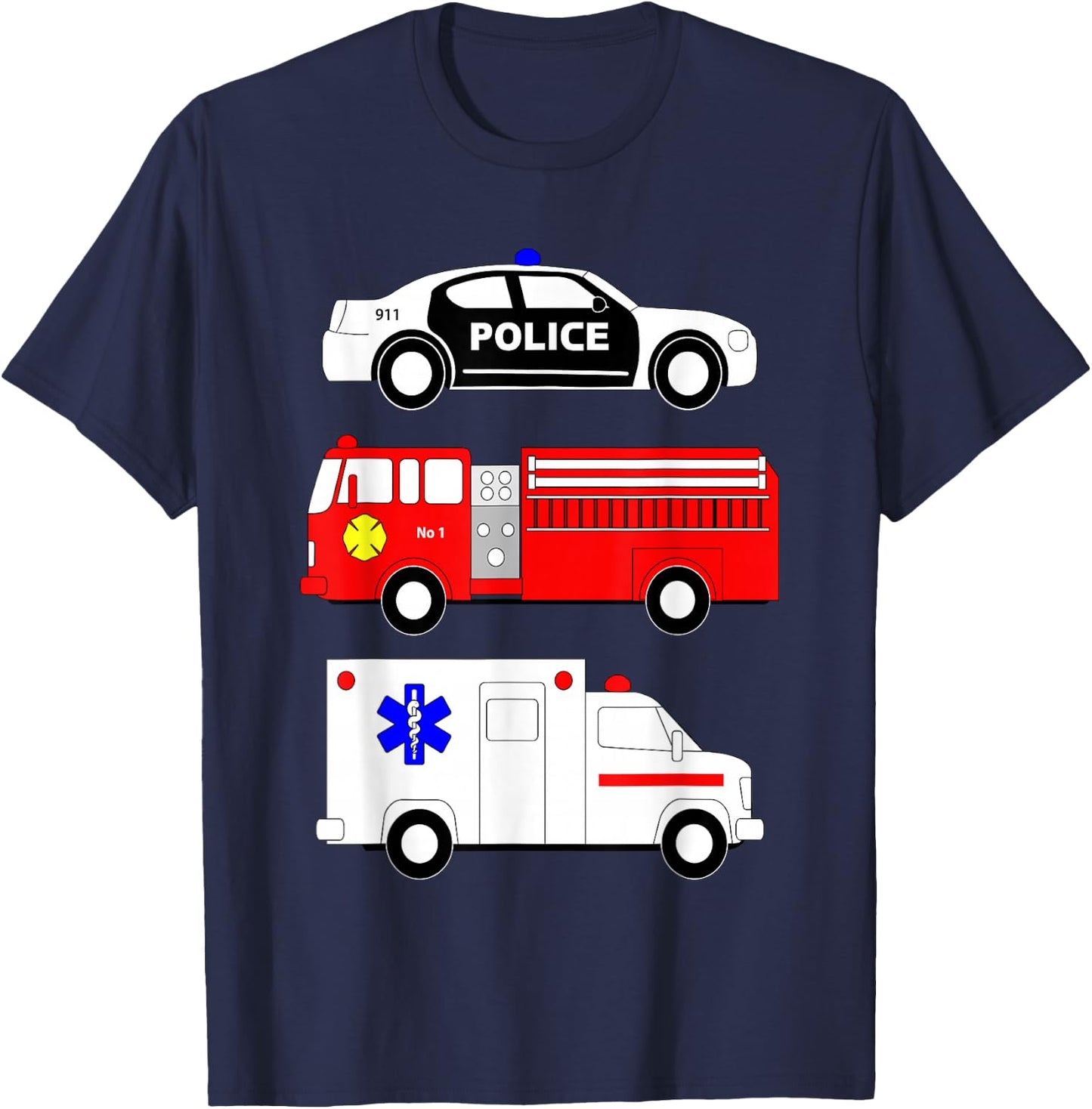 Police Car Fire Truck Ambulance First Responders Design T-Shirt - T-Shirt | Navy