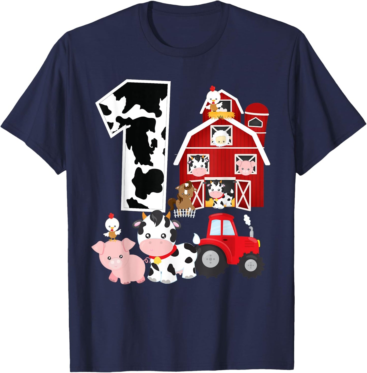 Farm Barnyard Theme Pig Cow Horse 1st Birthday 1 Yrs Old T-Shirt - T-Shirt | Navy