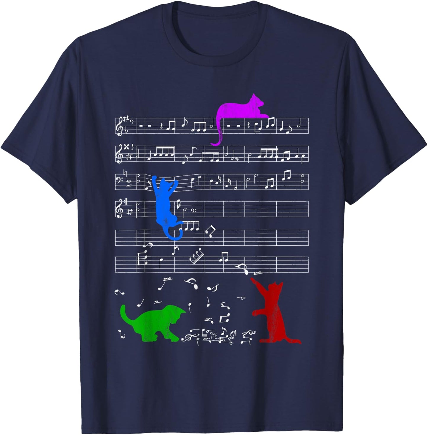 Cute Colored Cats Music Notes Musician Clef Piano T-Shirt - T-Shirt | Navy