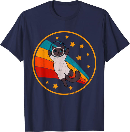 Cute Vintage Siamese Cat Bicolor Space Cat Men Women Girls Kids T-Shirt - T-Shirt | Navy